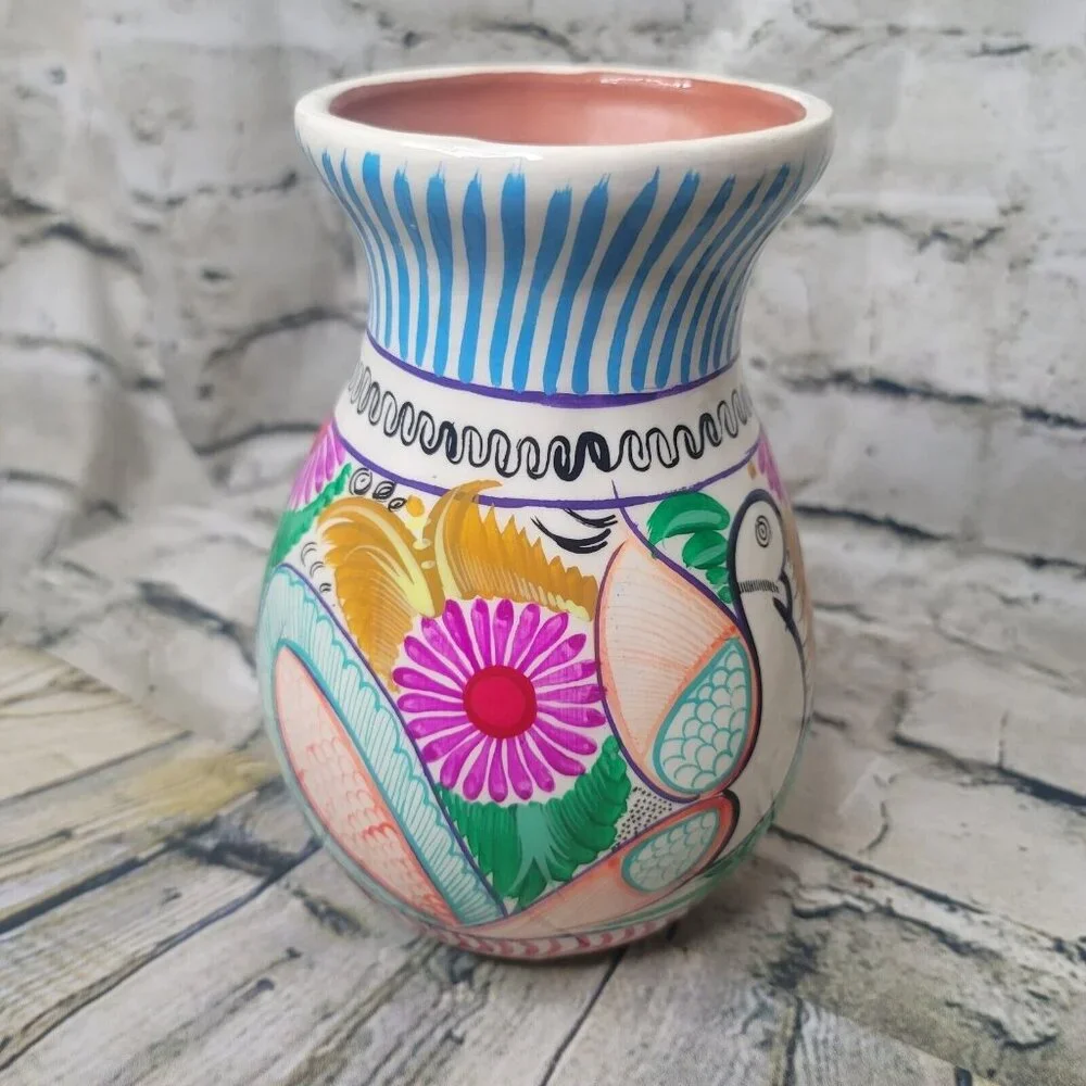 Mexican Folk Art Bright Vase Hand Painted Red Clay Pottery 7.5